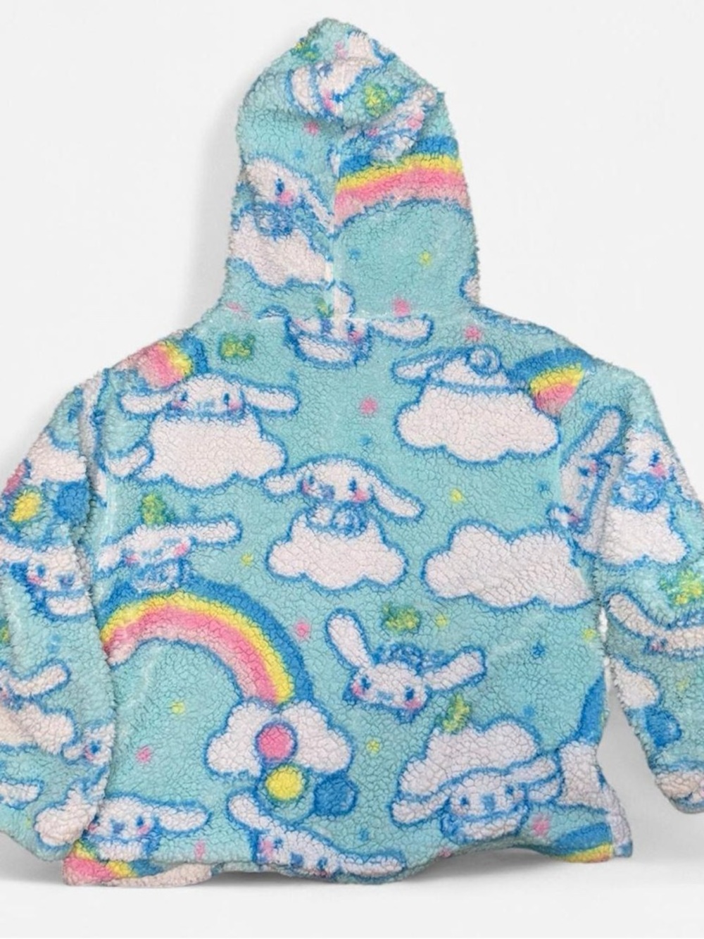 Sanrio pastel blue Cinnamoroll sherpa hoodie with rainbow accents
